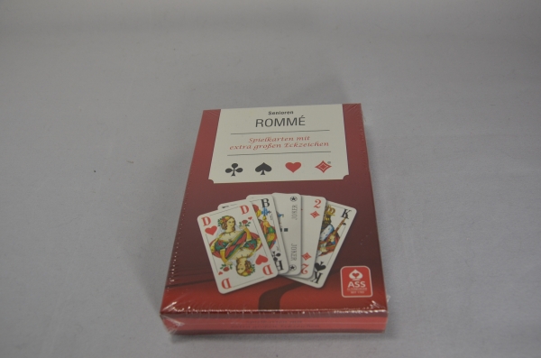 Senioren-Rommé Kartenspiel mit Namens- oder Initialienprägung | Rückseite mit Ornamentverzierung in rot u. dunkelblau