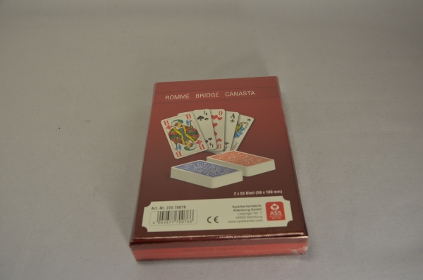 Senioren-Rommé Kartenspiel mit Namens- oder Initialienprägung | Rückseite mit Ornamentverzierung in rot u. dunkelblau